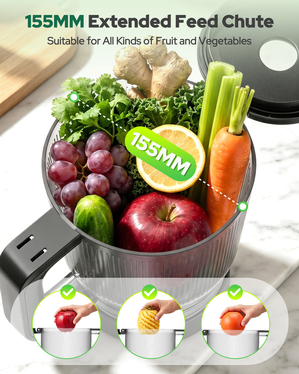 2026 Upgraded Cold Press Juicer, 155MM Wide Chute Juicer Machines with 2.5L Self-Feeding Hopper, 3-in-1 Smart Touch Juicer for Whole Fruits & Vegetables, Sorbet & Nut Milk, Easy Clean