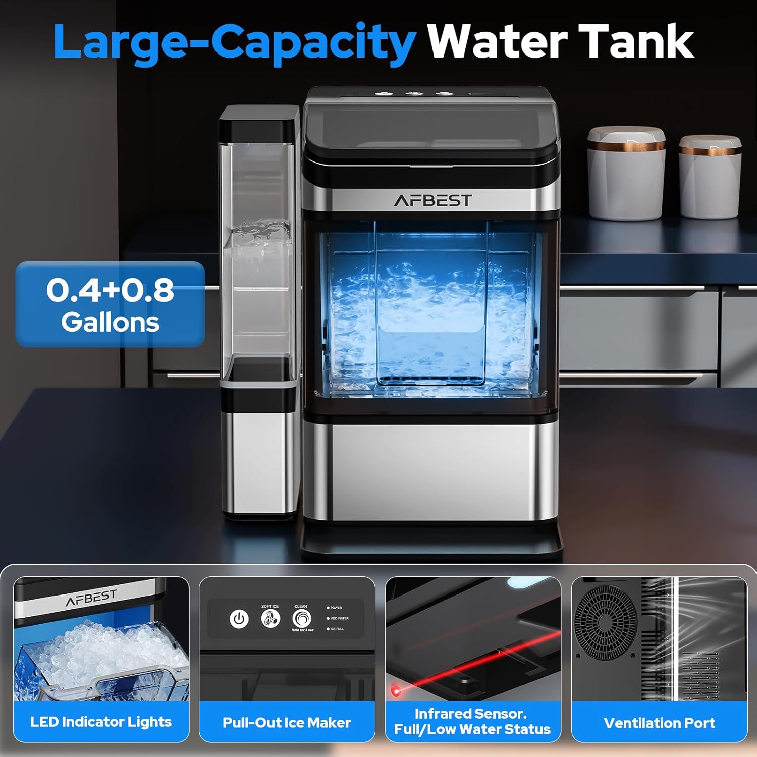 Large Capacity Countertop Ice Maker - 38 lbs/24H Output Chewable Nugget Ice, One-Touch Self-Cleaning, 3L+1.5L Dual Water Tanks, Portable Ice Machine for Home, Bar, Office, RV