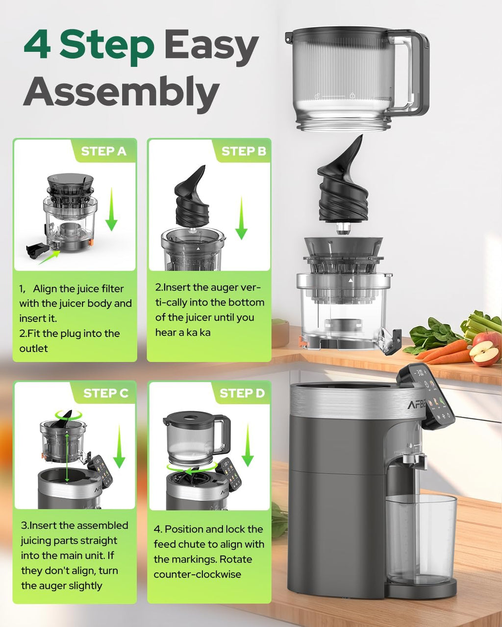 Cold Press Juicer Machine, 6.5" Extra Wide Chute Masticating Juicer with 100oz Self-Feeding Hopper,3-in-1 Smart Touch Slow Juicer for Sorbet & Nut Milk, High Yield, Easy Clean