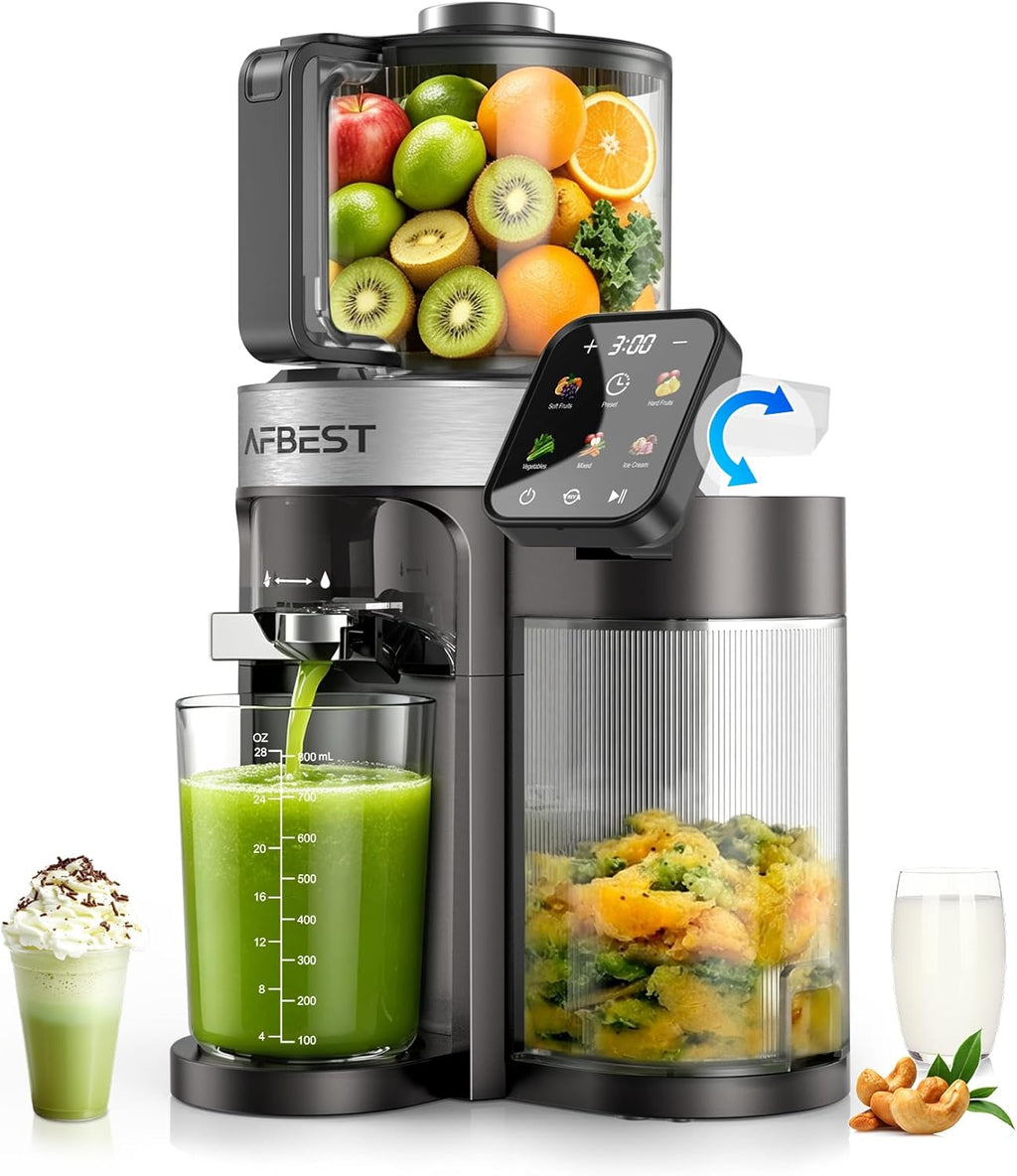 Cold Press Juicer Machine, 6.5" Extra Wide Chute Masticating Juicer with 100oz Self-Feeding Hopper,3-in-1 Smart Touch Slow Juicer for Sorbet & Nut Milk, High Yield, Easy Clean