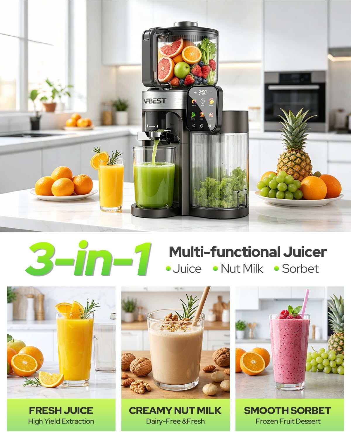 2026 Upgraded Cold Press Juicer Machine, 6.5" Extra Wide Chute Masticating Juicer with 100oz Self-Feeding Hopper,3-in-1 Smart Touch Slow Juicer for Sorbet & Nut Milk, High Yield, Easy Clean