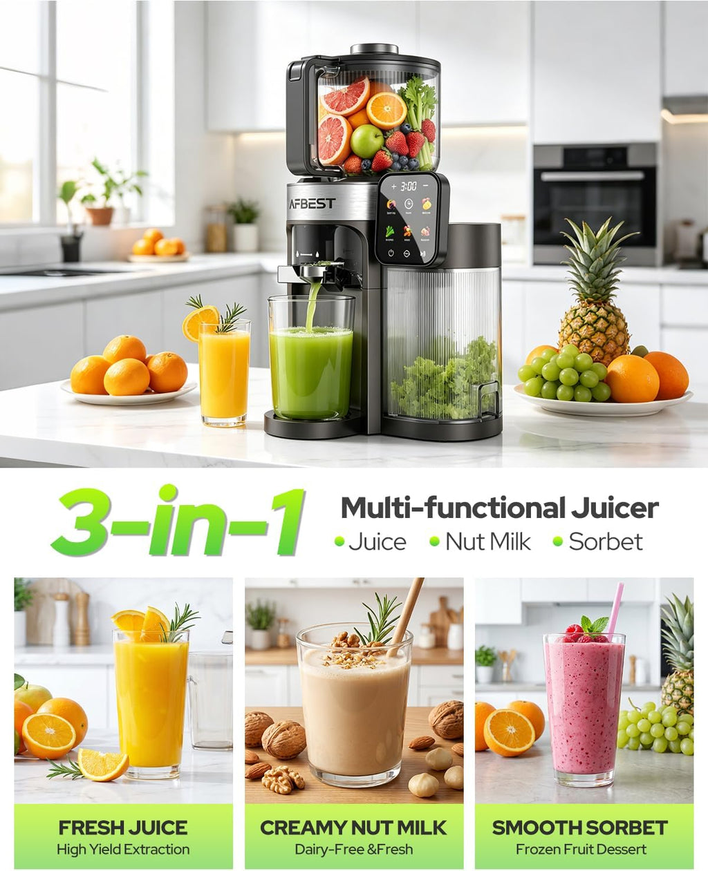 Cold Press Juicer Machine, 6.5" Extra Wide Chute Masticating Juicer with 100oz Self-Feeding Hopper,3-in-1 Smart Touch Slow Juicer for Sorbet & Nut Milk, High Yield, Easy Clean