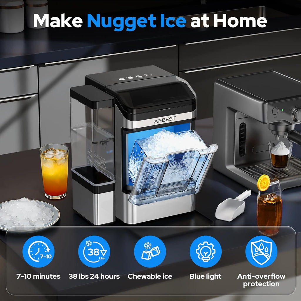 Large Capacity Countertop Ice Maker - 38 lbs/24H Output Chewable Nugget Ice, One-Touch Self-Cleaning, 3L+1.5L Dual Water Tanks, Portable Ice Machine for Home, Bar, Office, RV